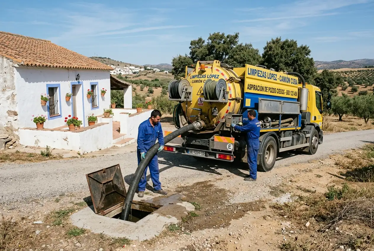 Camión cuba de Pocero en Murcia vaciando una fosa séptica junto a una vivienda