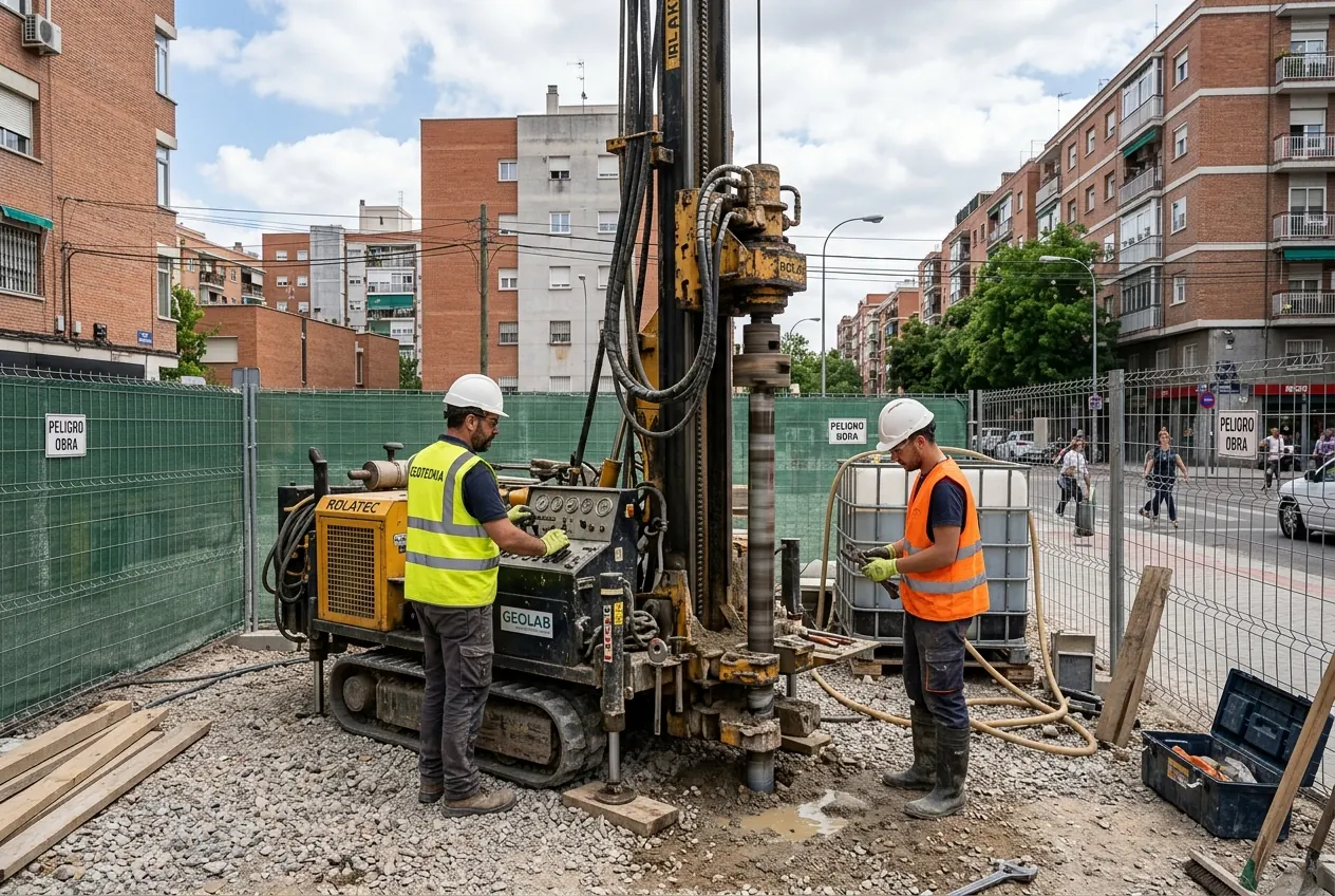 Máquina de sondeos geotécnicos trabajando en un solar urbano
