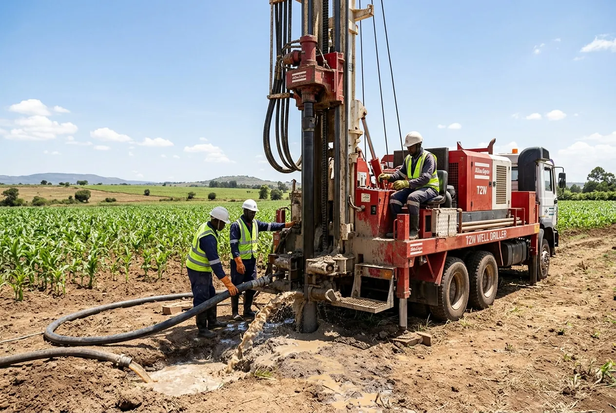 Camión perforadora abriendo un pozo de agua en una finca agrícola de Murcia